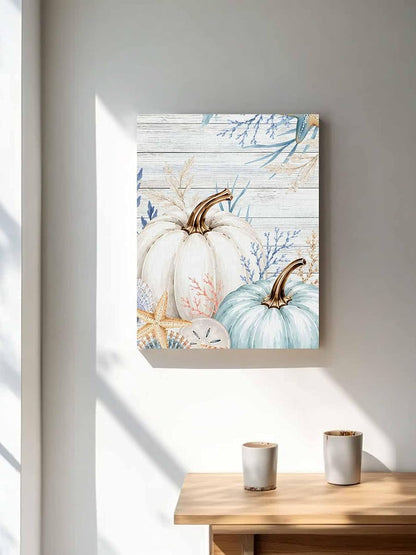 NuYeBiofx Thanksgiving Fall Pumpkins Canvas Wall Art Prints,48"x32" Framed Picture Artwork Starfish Shell on Farm Wood Printed Canvas Oil Painting for Living Room Bedroom Office,Ready to Hang
