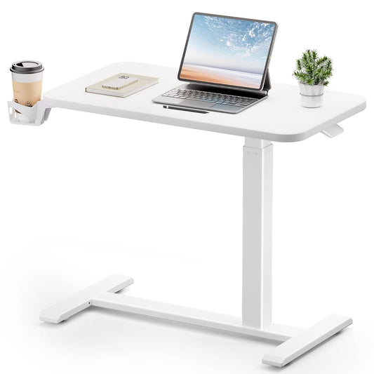 Small Standing Desk with Hidden Wheels, Pneumatic Mobile Rolling Laptop Desk, Adjustable Height Overbed Bedside Table Computer Workstation for Home Office (32" W x 16" D, White)