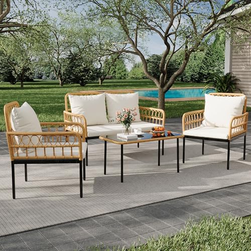 4-Piece Outdoor Patio Furniture Set, All-Weather PE Rattan Wicker Loveseat & Chairs with Glass Coffee Table & Steel Frame, Boho Conversation Set for Patio, Balcony, Backyard, Beige