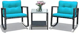 3 Pieces Patio Wicker Rocking Bistro Set, Outdoor Rocking Chair Furniture Set w/Cushioned Seat, Conversation Set w/Glass Coffee Table and Storage Shelf (Turquoise)
