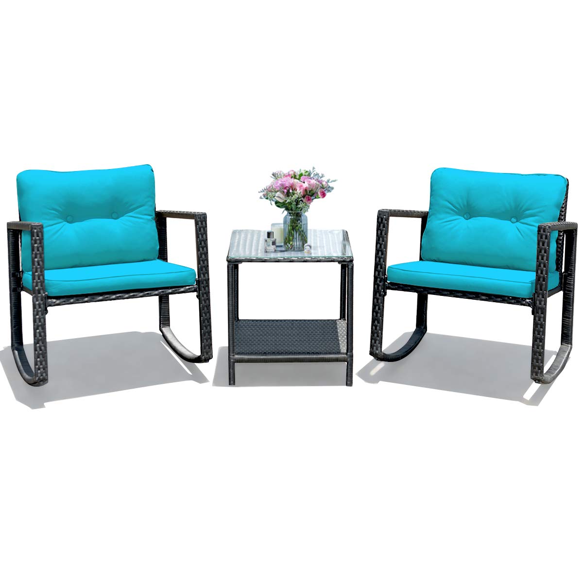 3 Pieces Patio Wicker Rocking Bistro Set, Outdoor Rocking Chair Furniture Set w/Cushioned Seat, Conversation Set w/Glass Coffee Table and Storage Shelf (Turquoise)