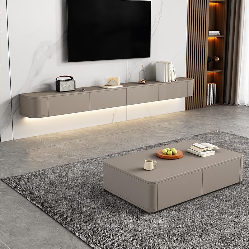 Floating TV Stand Wall Mounted – Wall Entertainment Center with Flip-Down Doors & Drawers, Modern Hanging TV Shelf for Living Room, Media Console for 65/75 80 Inch TVs (Khaki, 86.6IN/220CM)