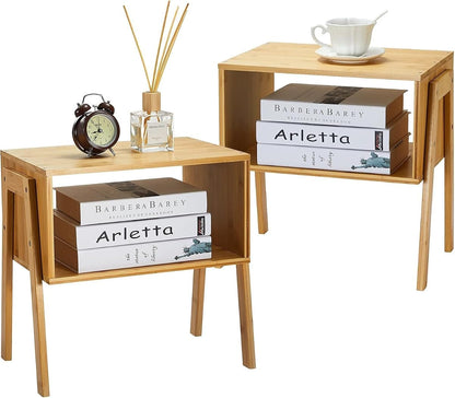 Nightstands Set of 2, Bamboo Stackable Bedside Table, Night Stands with Storage Shelf, Small Bed Side Tables, 2-Tier End Table for Bedroom, Dorm and Small Space Storage (Natural)