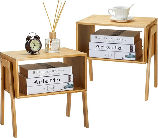 Nightstands Set of 2, Bamboo Stackable Bedside Table, Night Stands with Storage Shelf, Small Bed Side Tables, 2-Tier End Table for Bedroom, Dorm and Small Space Storage (Natural)