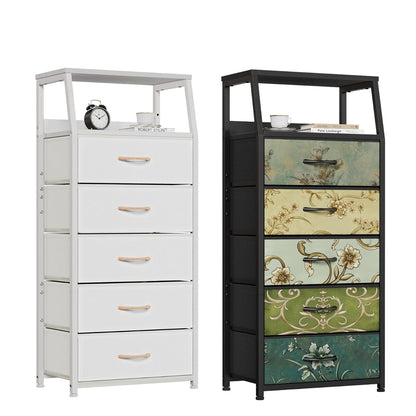 5 Drawer Dresser, Vertical Storage Tower Fabric Dresser for Bedroom, Hallway, Entryway, Nursery, Closet Organizer, Nightstand Bedside Table Furniture, Sturdy Steel Frame, Wood Top