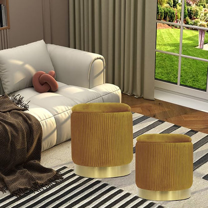 Round Ottoman with Storage Set of 2 Velvet Yellow Foot Stool for Living Room or Dorm, Vanity Stool Chair for Bedroom Small Ottoman Coffee Table, Removable Lid, Hallway, Assembly Free