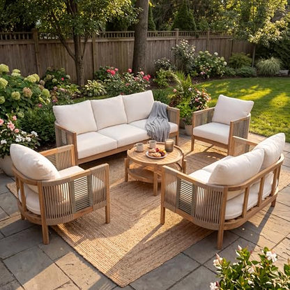 5-Piece Acacia Wood Patio Furniture Set with Coffee Table, 7 Seater Outdoor Conversation Sofa Set, Patio Sectional Chat Set for Backyard Balcony, Teak+ Beige