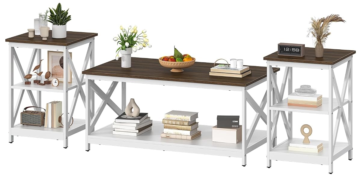 Living Room Coffee Table Set of 3, Industrial X-Design Coffee Table and 2 End Side Tables, 3 Piece Living Room Table Set with Large Storage for Apartment Home (White+Walnut Brown)