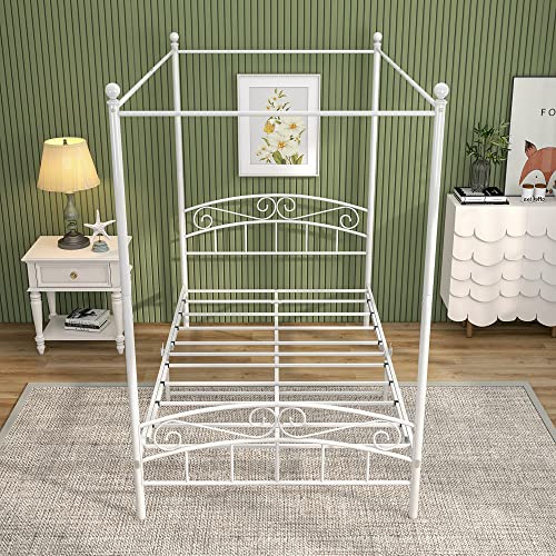 Metal Canopy Bed Frame Four-Poster, Full, White, view 6