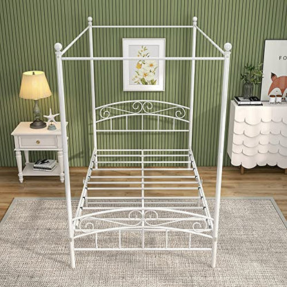 Metal Canopy Bed Frame Four-Poster, Full, White, view 6