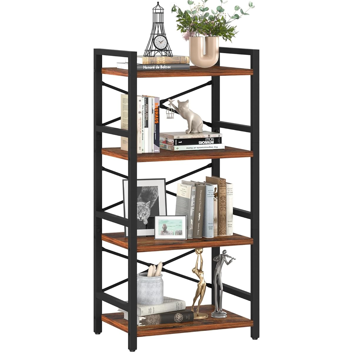 4 Tier Bookshelf - Small Book Shelf Industrial Bookcase, Narrow Book Case Book Storage Organizer for CD/Movie/Book, Bookshelves for Bedroom Office Living Room Berry Brown