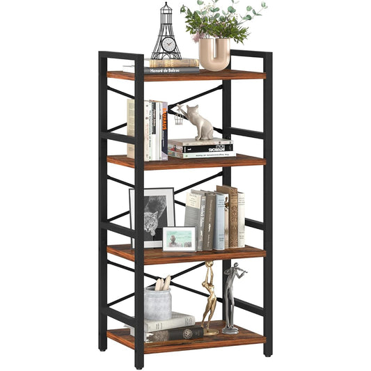 4 Tier Bookshelf - Small Book Shelf Industrial Bookcase, Narrow Book Case Book Storage Organizer for CD/Movie/Book, Bookshelves for Bedroom Office Living Room Berry Brown