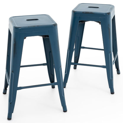 24 Inch Metal Bar Stools, Backless Counter Height Barstools, Indoor Outdoor Stackable Stools with Square Seat, Set of 2 (Distressed Deep Blue)