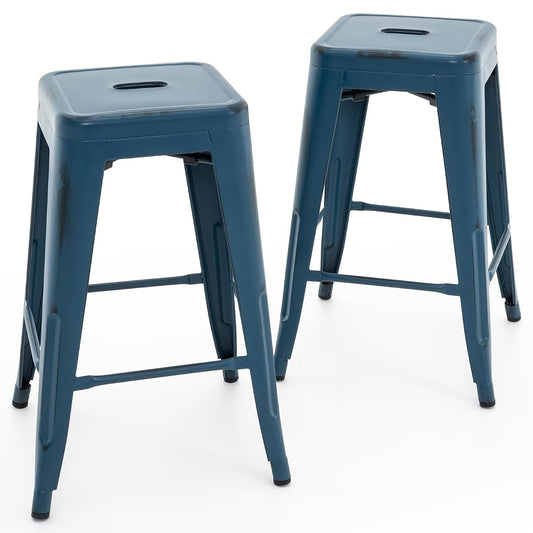 24 Inch Metal Bar Stools, Backless Counter Height Barstools, Indoor Outdoor Stackable Stools with Square Seat, Set of 2 (Distressed Deep Blue)
