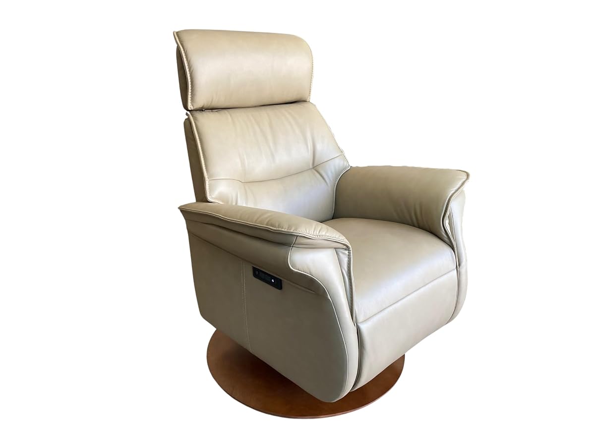 IMG Sedona Relaxer Recliner Chair with Ergo Lift - Medium Size - Sand Leather - American Walnut Wood Finish (Curbside)