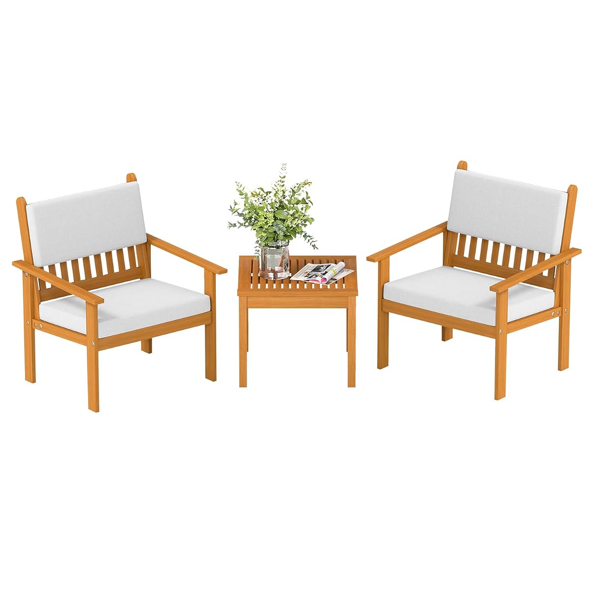 3-piece Patio Furniture Set Acacia Wood Patio Bistro Set Outdoor Chat Conversation Table Chair Set Wood Chat Set with Water Resistant Cushions and Coffee Table Chairs for Beach Backyard Garden