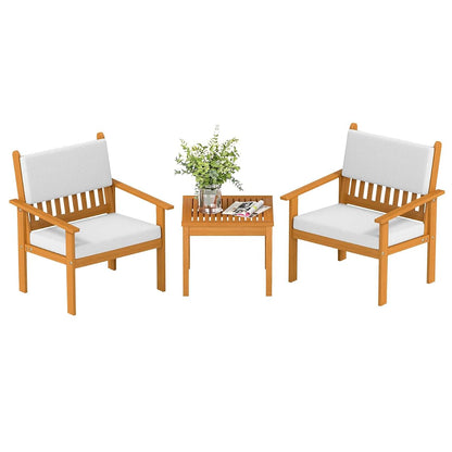 3-piece Patio Furniture Set Acacia Wood Patio Bistro Set Outdoor Chat Conversation Table Chair Set Wood Chat Set with Water Resistant Cushions and Coffee Table Chairs for Beach Backyard Garden