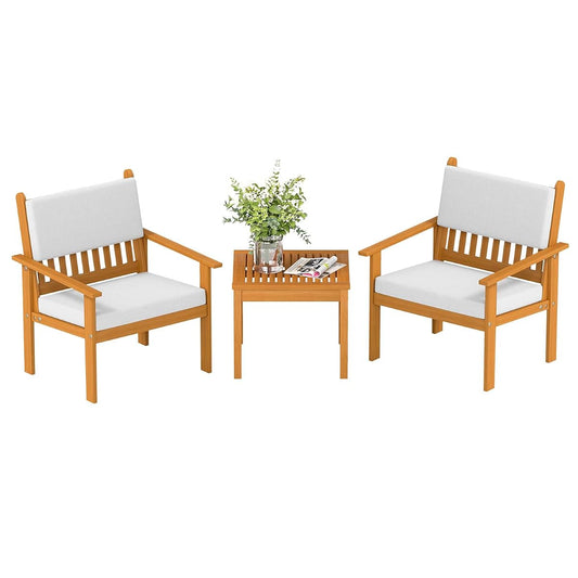 3-piece Patio Furniture Set Acacia Wood Patio Bistro Set Outdoor Chat Conversation Table Chair Set Wood Chat Set with Water Resistant Cushions and Coffee Table Chairs for Beach Backyard Garden