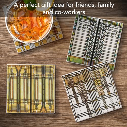 Frank Lloyd Wright's Assorted Art Glass Collection Designs on 4 Pack Assorted Stone Coasters with Protective Cork Backing Manufactured in the USA Absorbent Easily Wipes Clean