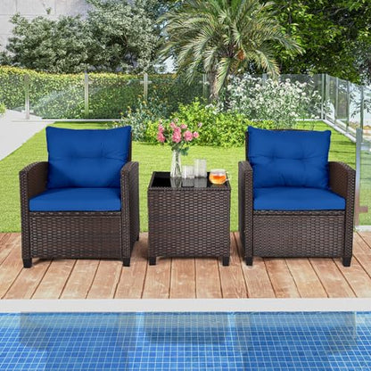 3 Pieces Patio Furniture Set, Outdoor Wicker Conversation Set Rattan Chairs with Cushions, Glass Coffee Table, Bistro Set for Front Porch Balcony Garden Deck Poolside (Navy)