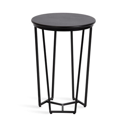 Solvay Round Metal and Wood Side Table; 16 x 16 x 24; Black; Modern Bedroom Nightstand Table with Solid Mango Wood Tabletop and Iron Base