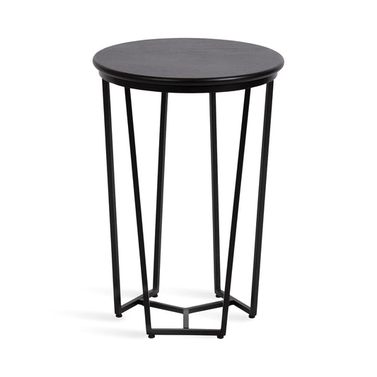 Solvay Round Metal and Wood Side Table; 16 x 16 x 24; Black; Modern Bedroom Nightstand Table with Solid Mango Wood Tabletop and Iron Base