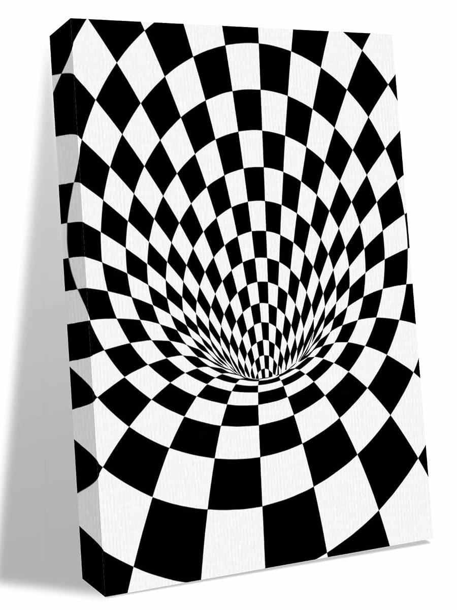 NuYeBiofx 3D Checkerboard Tunnel Canvas Wall Art Prints,40"x28" Framed Picture Artwork Black White Optical Illusion Printed Canvas Oil Painting for Living Room Bedroom Office,Ready to Hang