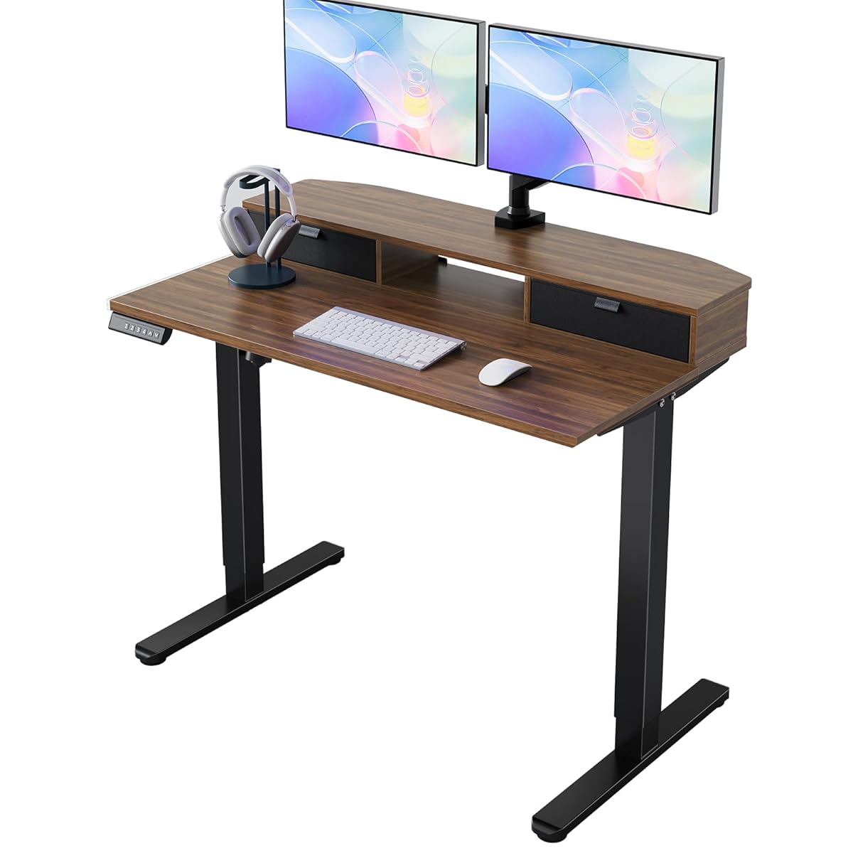 40 x 24 inch Small Electric Standing Desk with 2 Drawers, C-Clamp Mount Compatible, Height Adjustable Sit Stand Desk, Home Office Stand Up Desk with 4 Memory Height Settings, Walnut