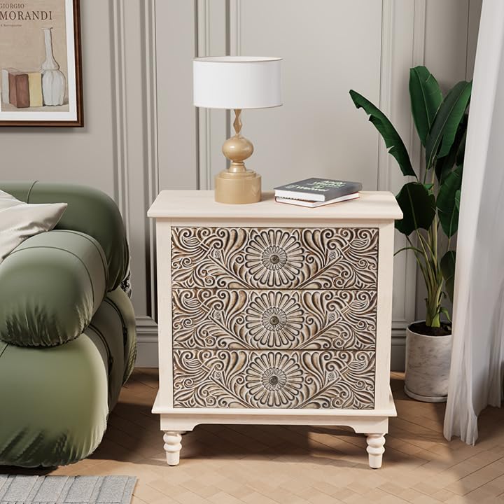 3 Drawers Accent Dresser, Vintage Small Accent Chest with 4 Wood Legs, Free-Standing Buffet Server Nightstand End Table for Bedroom, Living Room, Entryway