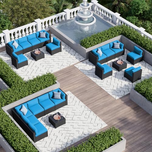 7 Piece Patio Furniture Set, Wicker Rattan Patio Sectional Sofa, Outdoor Furniture Set with Thickened Cushion, Peacock Blue