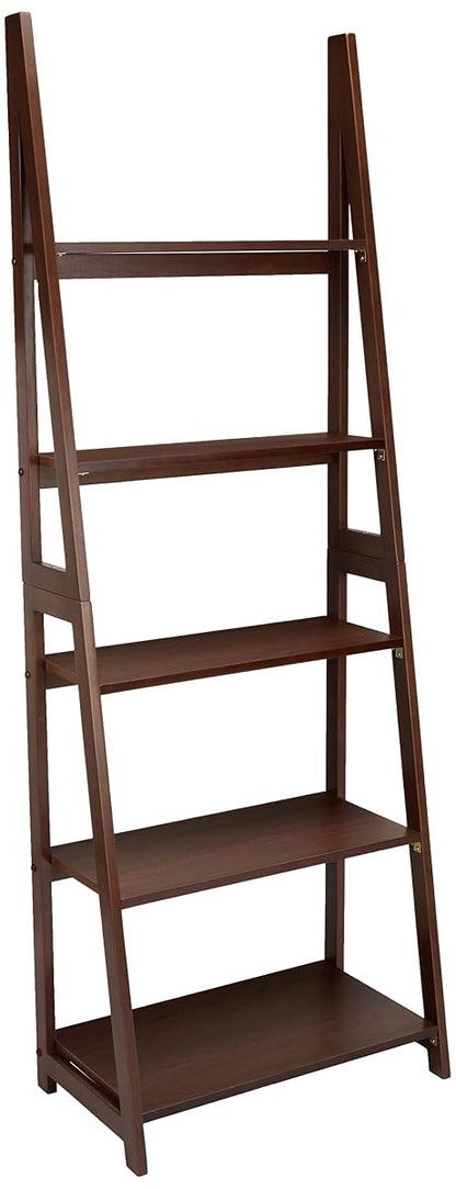 5-Tier Ladder Bookshelf Storage Organizer, Solid Rubberwood Frame