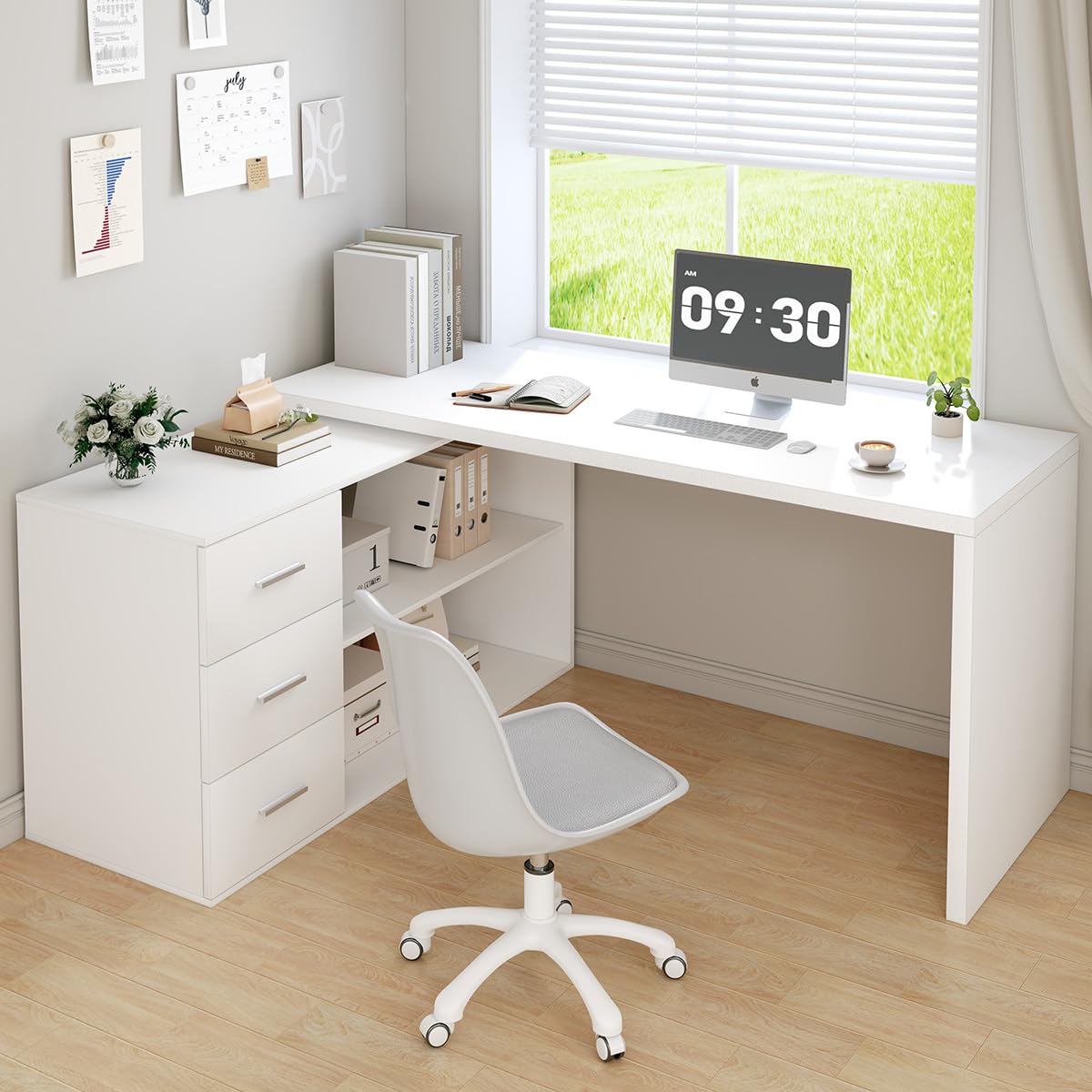 White L Shaped Desk with Drawers Shelves, Corner Home Office Desk L Shape with Storage Cabinet, Large Wood Computer Desk for PC Executive Work Writing Study, Modern Living Room Bedroom Table,60 In