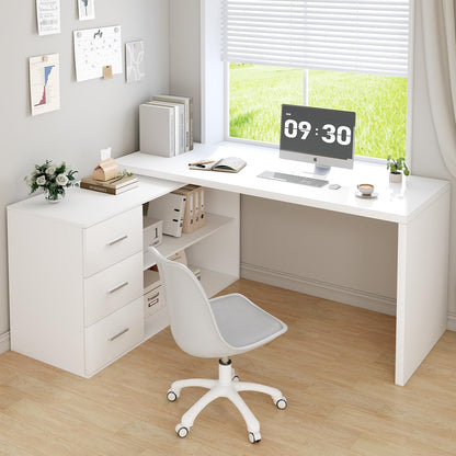 White L Shaped Desk with Drawers Shelves, Corner Home Office Desk L Shape with Storage Cabinet, Large Wood Computer Desk for PC Executive Work Writing Study, Modern Living Room Bedroom Table,60 In