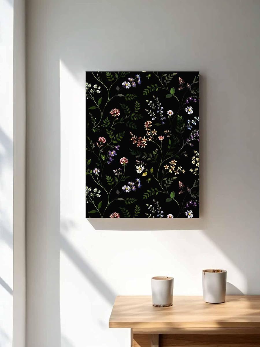 NuYeBiofx Dark Watercolor Blossom Flower Canvas Wall Art Prints,48"x32" Framed Picture Artwork Rustic Floral Leaves on Black Printed Canvas Oil Painting for Living Room Bedroom Office,Ready to Hang