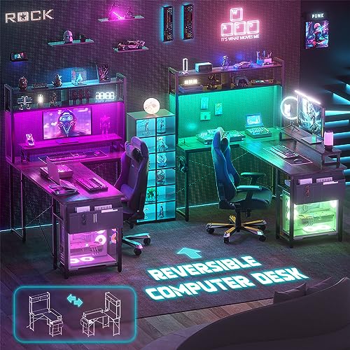 Small L Shaped Gaming Desk with LED Lights & Power Outlets, Reversible L-Shaped Computer Desk with Monitor Stand & Storage Shelf, Corner Desks Home Office Desk with Storage Bag, Grey Oak