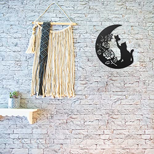 Metal Black Cat Wall Decor, Cat On the Moon Wall Art,Cat Catch Buttefly Wall Scuplture, Cats Lover Gifts for Christmas