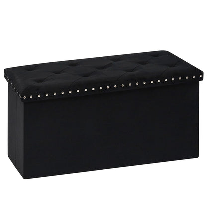 Velvet Storage Ottoman Bench with Foot Rest, Large Long Folding Shoes Stool, Sturdy Space-Saving Furniture for Bedroom Living Room, Black, 30"x15"x15"