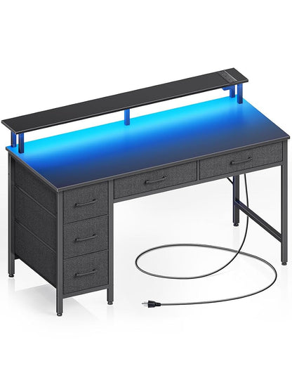 Computer Desk with Drawers, 55 Inch Desk with Drawers Home Office Desks, Computer Desk Office Desk with Power Outlets & LED Light, Monitor Stand Work Table Black