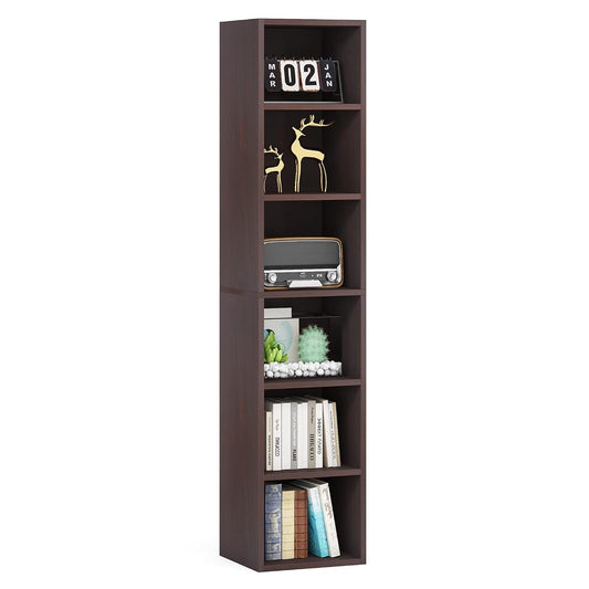 70.9 Inch Tall Narrow Bookcase, Corner Bookshelf 6 Tier Cube Display Shelf Storage Organizer for Small Space, Brown