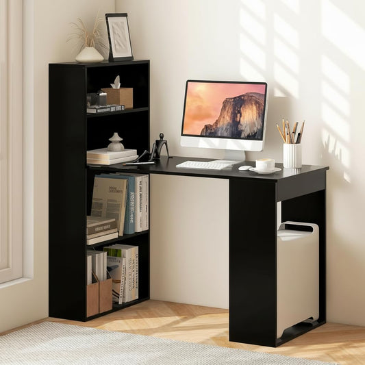 Computer Desk with Bookshelf, Writing Study Desk with Storage Shelves & CPU Stand, Modern Compact Computer Workstation for Home & Office, Space-Saving Design (Black)