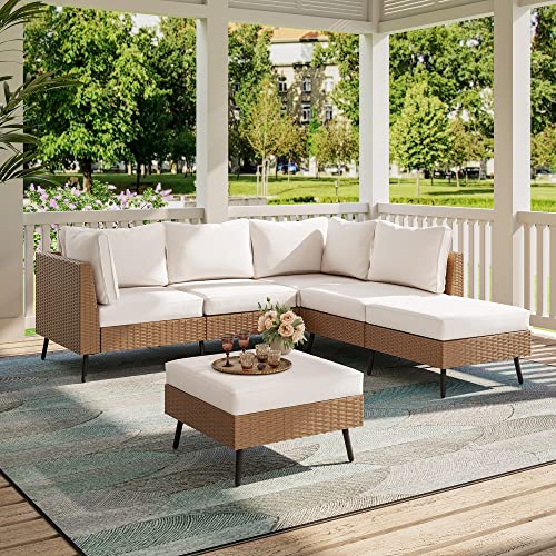 Outdoor Patio Furniture, 6 Piece Outdoor Sectional Sofa PE Rattan Wicker Patio Conversation Sets, All Weather Patio Furniture Set with Thick Cushions for Garden, Backyard(Beige)