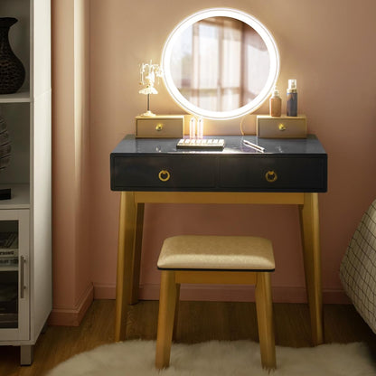 Vanity Desk with Lighted Mirror, Black Makeup Vanity Table with 4 Storage Drawers, 3 Lighting Modes, Solid Wood Legs, Modern Dressing Table with Vanity Stool for Small Bedroom