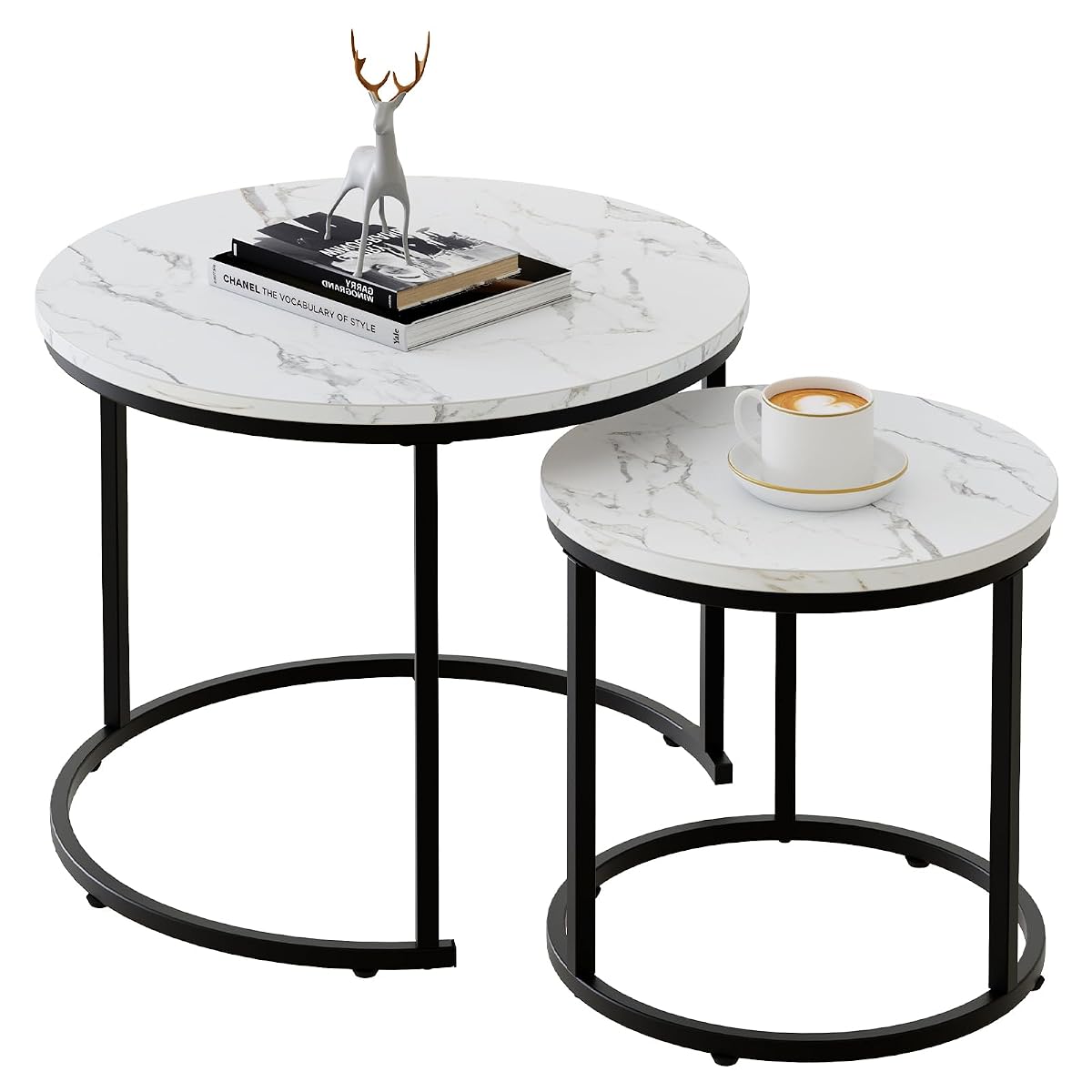 Round Nesting Coffee Table Side Table Set of 2 End Tables for Living Room Bedroom Balcony, White Faux Marble Wooden Table Accent Coffee Table with Black Steel Frame