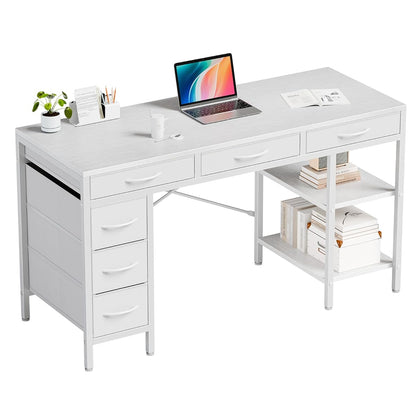 55" Computer Desk with 6 Drawers, Home Office Gaming Desks with Storage Shelves for Bedroom, Writing Study Corner Living Room Work Table White