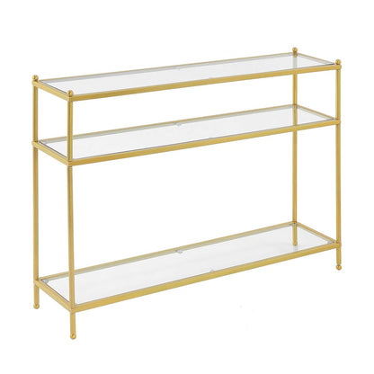 Royal Crest Glass Console Hall Table 42" - 3 Tier Modern, Contemporary Narrow Display Accent with Storage Shelves for Living Room, Entryway, Hallway, & Bedroom, Gold