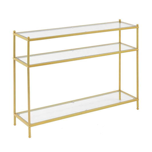 Royal Crest Glass Console Hall Table 42" - 3 Tier Modern, Contemporary Narrow Display Accent with Storage Shelves for Living Room, Entryway, Hallway, & Bedroom, Gold