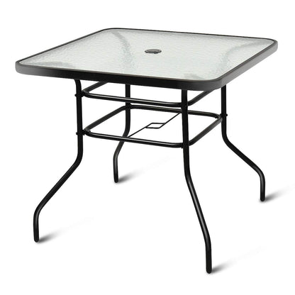 32" Square Outdoor Dining Table with Tempered Glass Top, Outside Bistro Table with 2" Umbrella Hole & Metal Frame, Patio Dining Table for Backyard, Lawn, Deck & Poolside