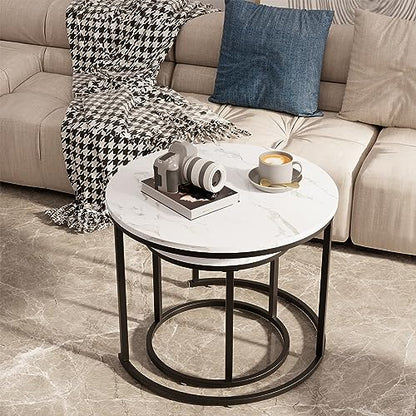 Round Nesting Coffee Table Side Table Set of 2 End Tables for Living Room Bedroom Balcony, White Faux Marble Wooden Table Accent Coffee Table with Black Steel Frame