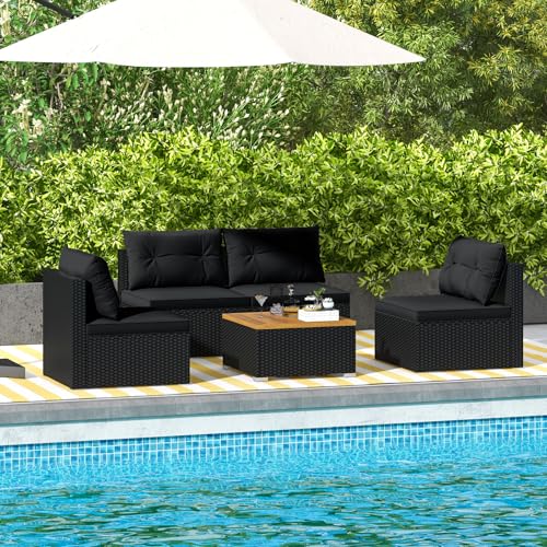 5 Pieces Wicker Patio Furniture Set, Outdoor 4 Armless Rattan Sofa & Coffee Table Set, with Cushions, Acacia Wood Tabletop, Sectional Patio Conversation Set for Lawn, Yard, Poolside, Black