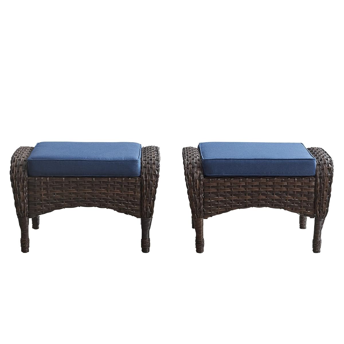 Outdoor Ottomans for Patio Foot Rest - 25 Inch PE Wicker Foot Stool Set of 2 with Removable Cushions for Patio Furniture Sets,All Weather Rattan Ottoman for Balcony Deck Backyard Brown